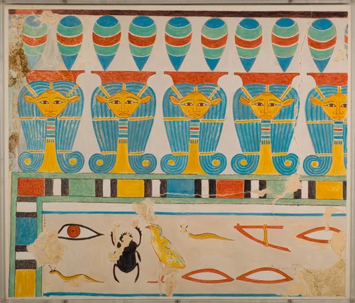 Painted Restoration of the Hathor-Head Frieze in the Tomb of Senenmut by Nina de Garis Davies, artwork, -1473--1458