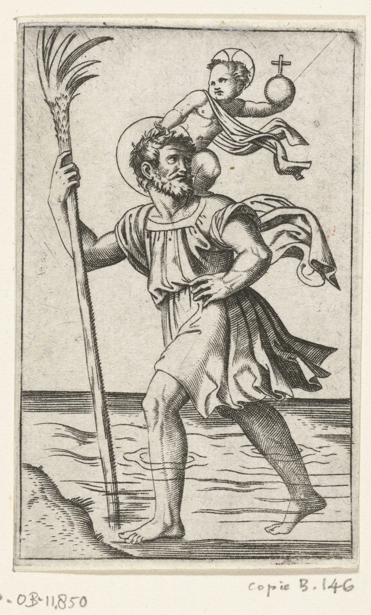 Heilige Christoffel met Christuskind by anonymous, print, 1500-1575