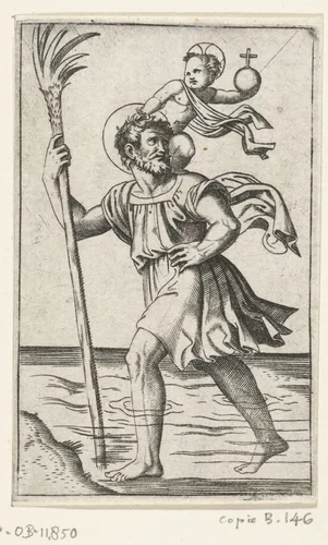 Heilige Christoffel met Christuskind by anonymous, print, 1500-1575