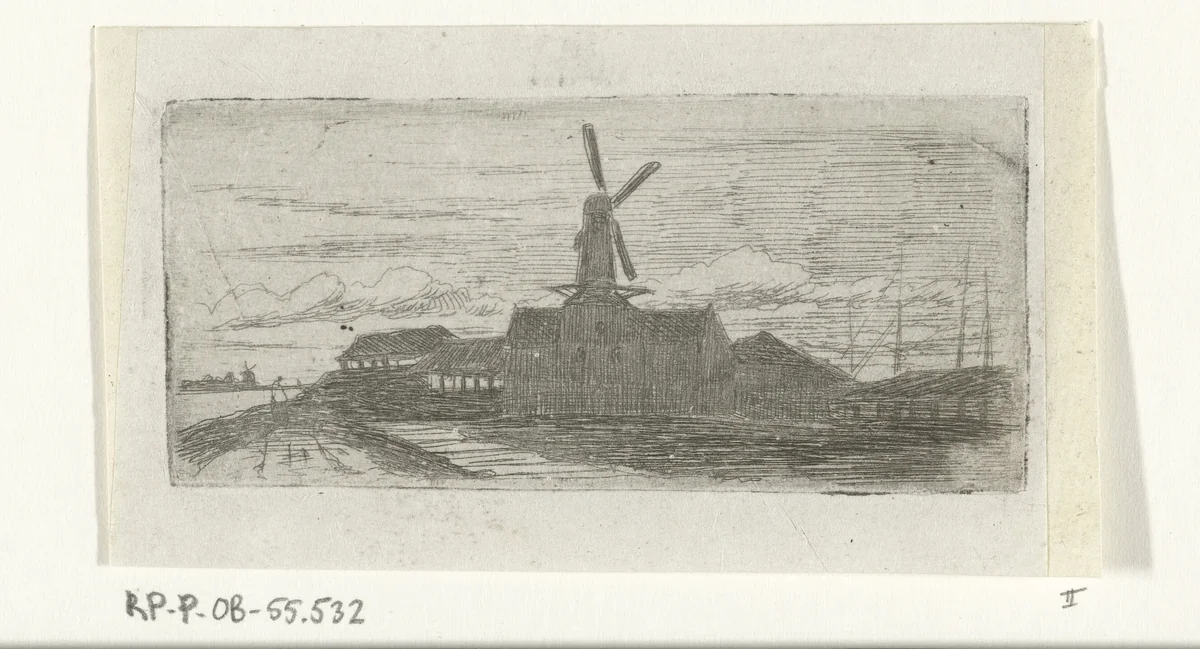 Complex met molen aan een rivier by Lambertus Hardenberg, print, 1837-1900