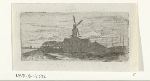 Complex met molen aan een rivier by Lambertus Hardenberg, print, 1837-1900