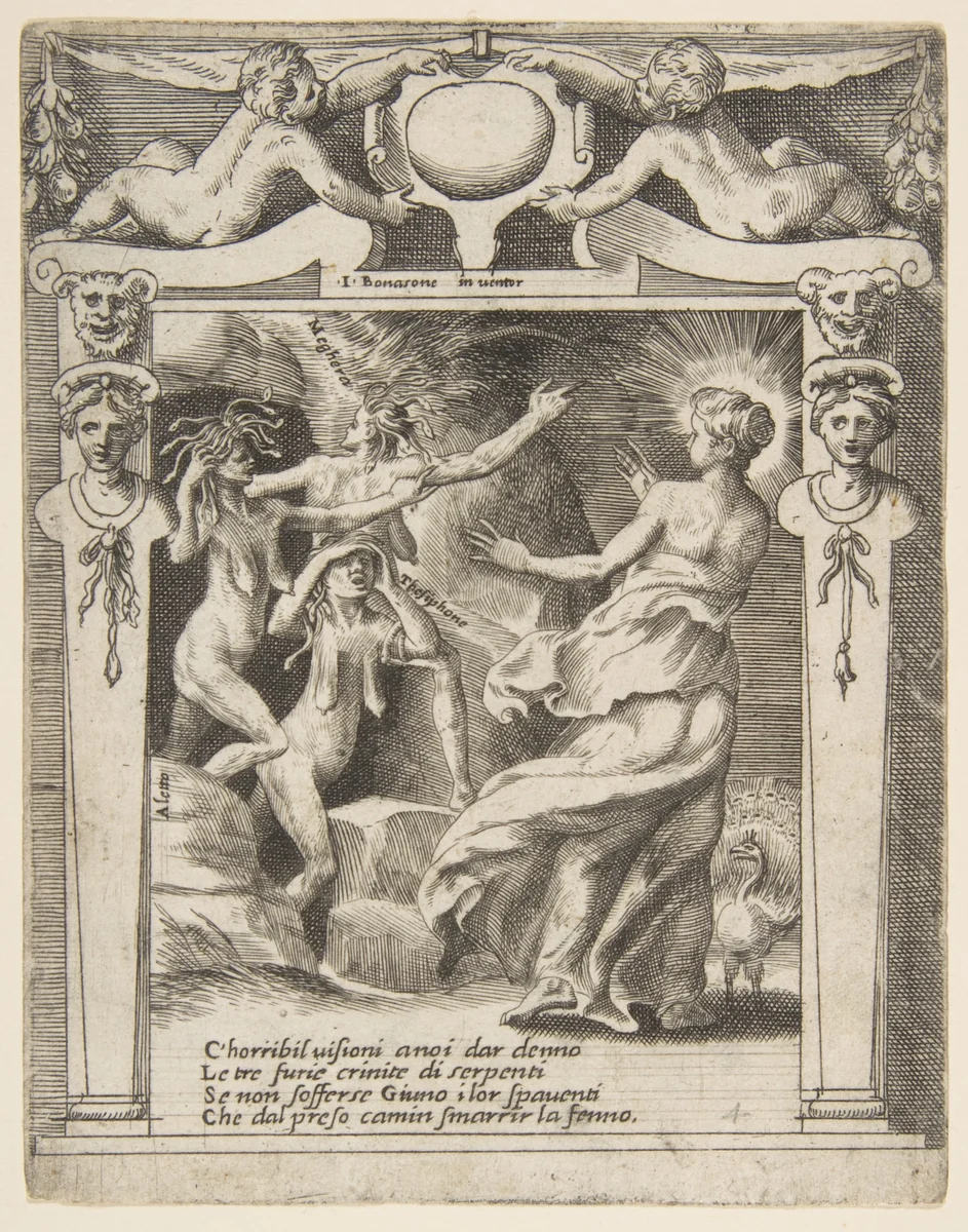 Juno frightened by the Furies, set within a decorative frame, from "Loves, Rages and Jealousies of Juno" by Giulio Bonasone, print, 1531-1576