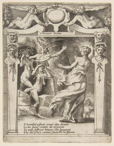 Juno frightened by the Furies, set within a decorative frame, from "Loves, Rages and Jealousies of Juno" by Giulio Bonasone, print, 1531-1576