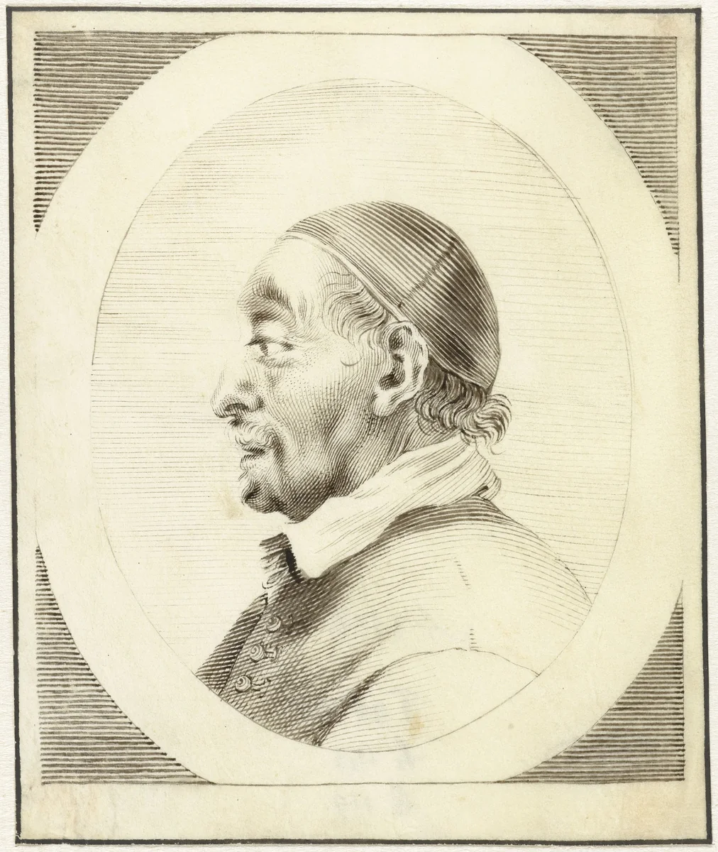 Portret van onbekende man met kapje op, in profiel naar links by Claude Mellan, drawing, 1620-1688