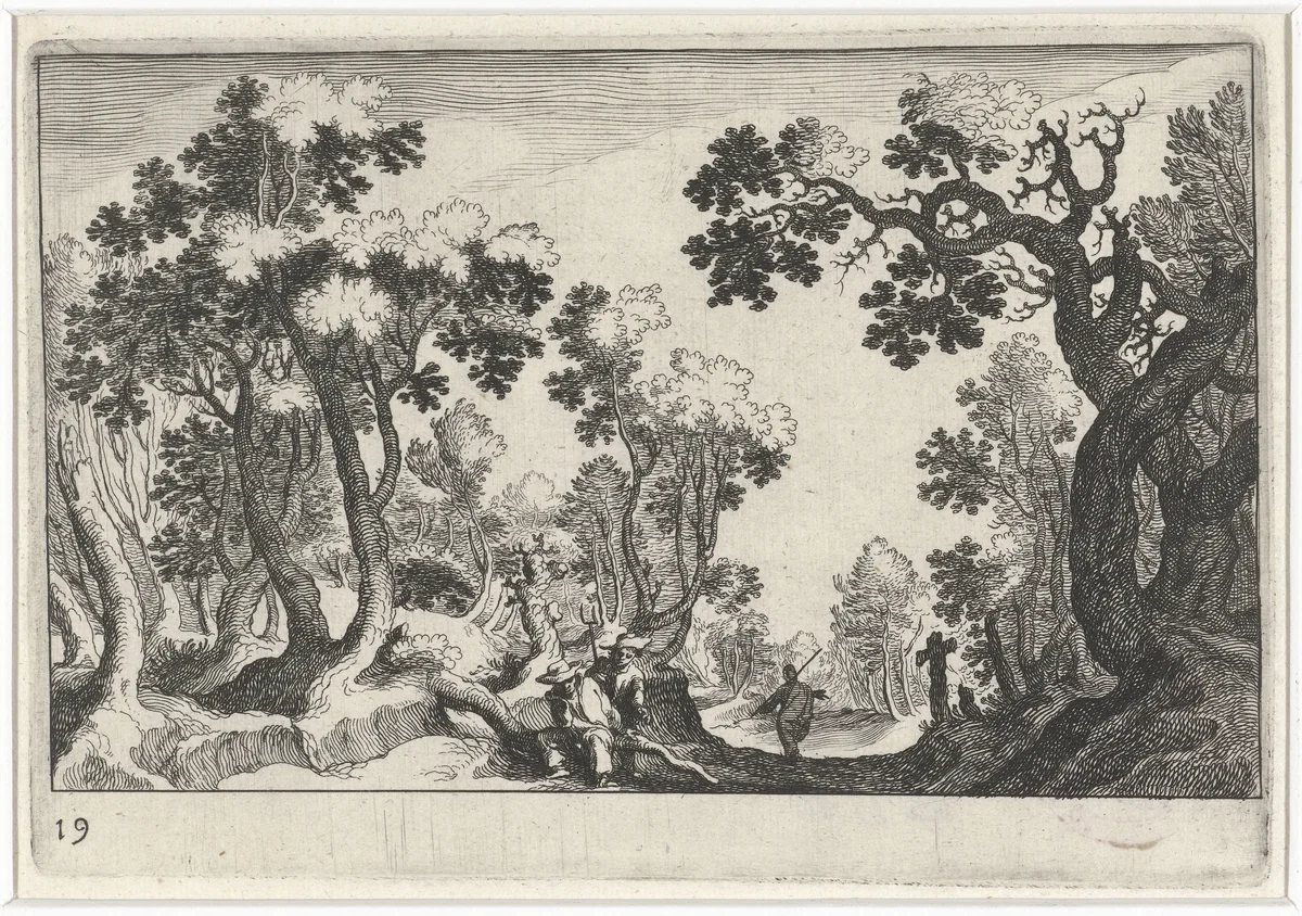 Boslandschap met boeren by Simon Frisius, print, 1611