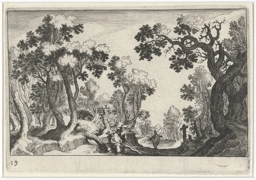 Boslandschap met boeren by Simon Frisius, print, 1611