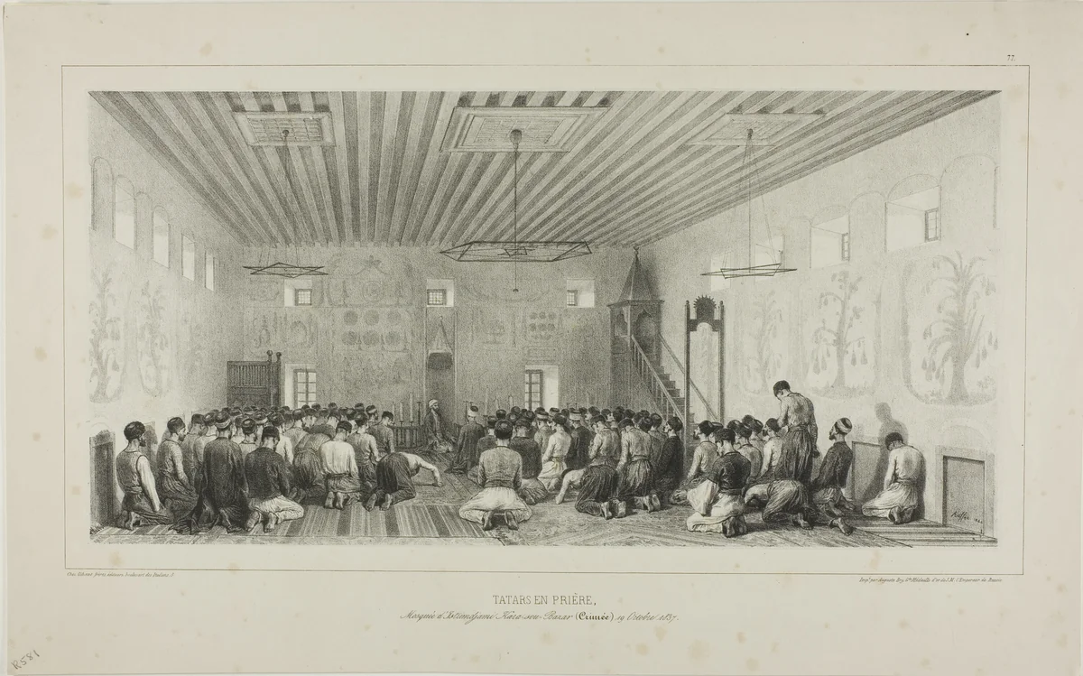 Praying Tartars, Istrimdjami-Kara-sou-Bazar, Crimea, October 19, 1837 by Denis Auguste Marie Raffet, print, 1844