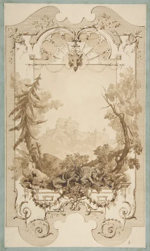 Design for a Decorative Wall Panel with Hunting Motif, Pless Chateau, Silesia by Jules-Edmond-Charles Lachaise, drawing, 1850-1900