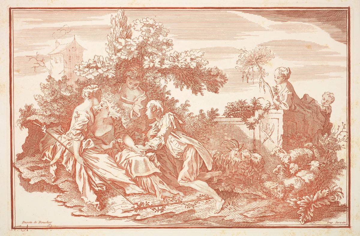 A Shepherd and Young Women in a Bower, from "L'Artiste" by LeGrand, print, 1800-1900