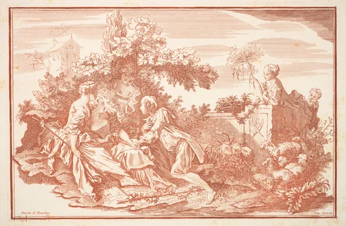 A Shepherd and Young Women in a Bower, from "L'Artiste" by LeGrand, print, 1800-1900