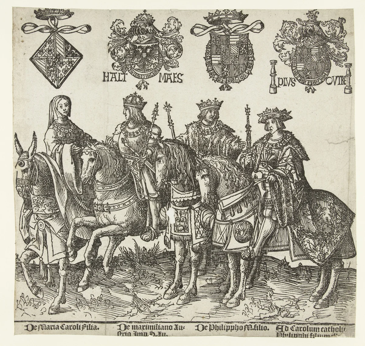 Maria van Bourgondië, Maximiliaan I, Filips de Schone en Karel V by Jacob Cornelisz van Oostsanen, print, 1518