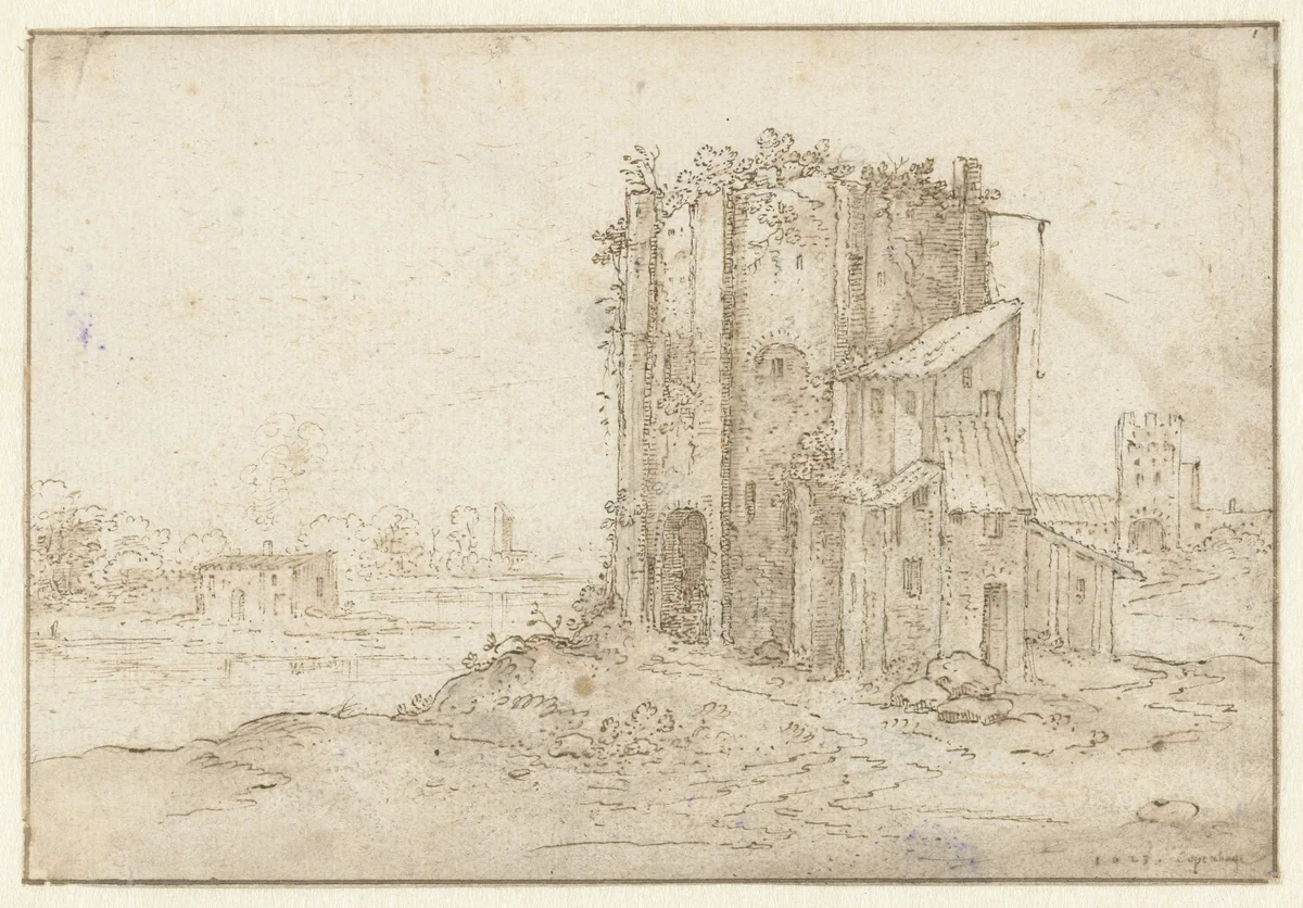 Landscape with the Ruins of a Round Tower by Marten de Cock, drawing, 1625