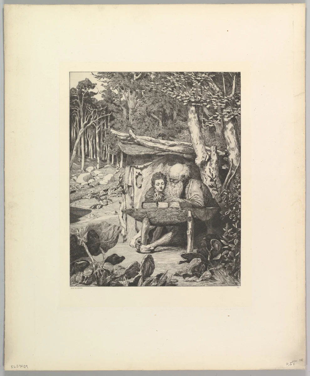 Simplici Schreibstunde, from the series Intermezzi by Max Klinger, print, 1870-1920