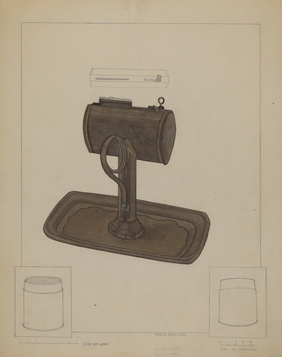 Lamp and Tallow Strainer by Marie Famularo, index of american design, 1936