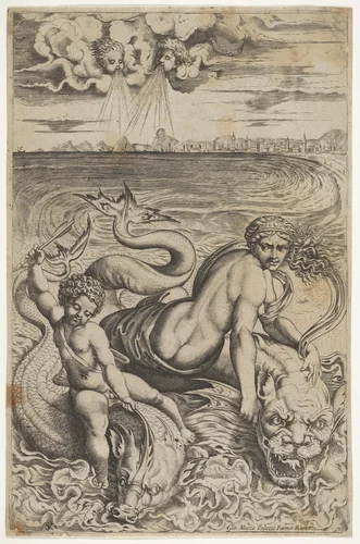 Venus and Cupid riding two sea monsters, Cupid raises an arrow in his right hand, two heads representing wind in the clouds above by Marco Dente, print, 1510-1532
