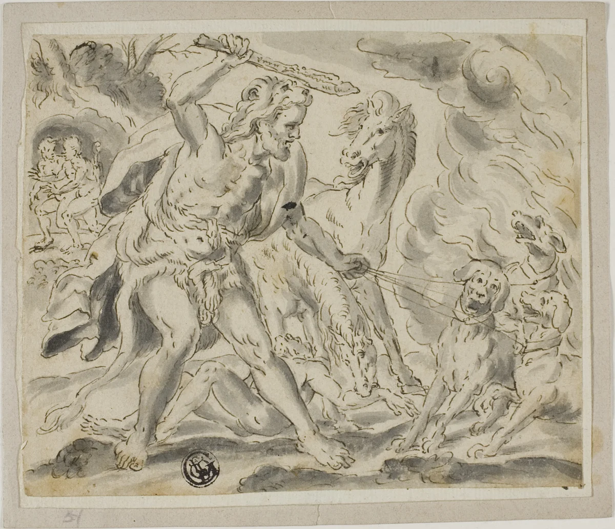 Hercules, Cerberus and the Mares of Diomedes by Unknown Artist, drawing, 1600-1699