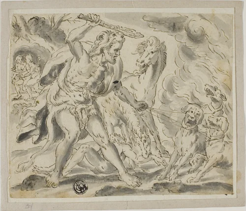 Hercules, Cerberus and the Mares of Diomedes by Unknown Artist, drawing, 1600-1699