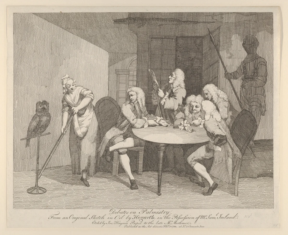 Debates on Palmistry by Joseph Haynes, print, 1782