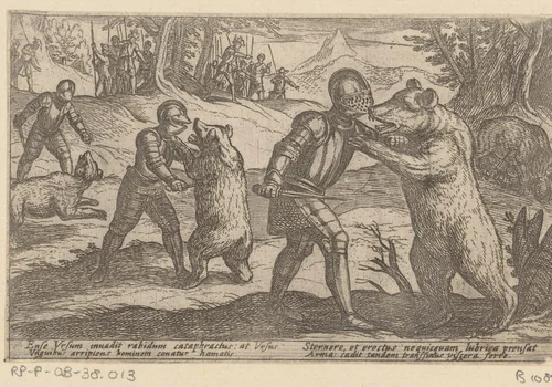Gewapende mannen vechten met beren by Antonio Tempesta, print, 1602