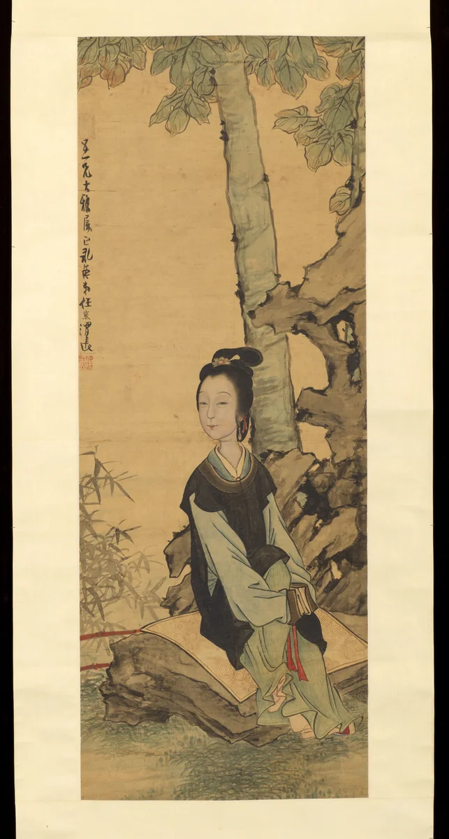 Woman in a garden by Ren Xiong, painting, 1834-1857