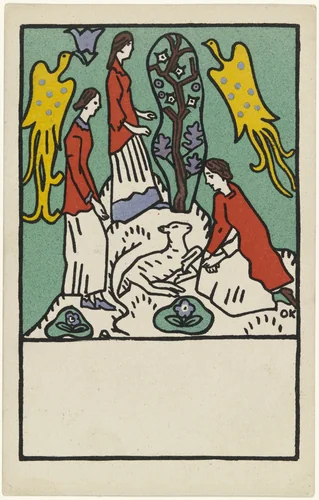 Three Girls, a Lamb and Birds of Paradise (Drei Mädchen, Lamm und Paradiesvögel) (postcard) by Oskar Kokoschka, print, 1908