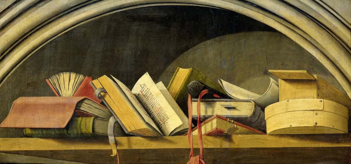 Still Life with Books in a Niche by Barthélémy d' Eyck, painting, 1442-1445