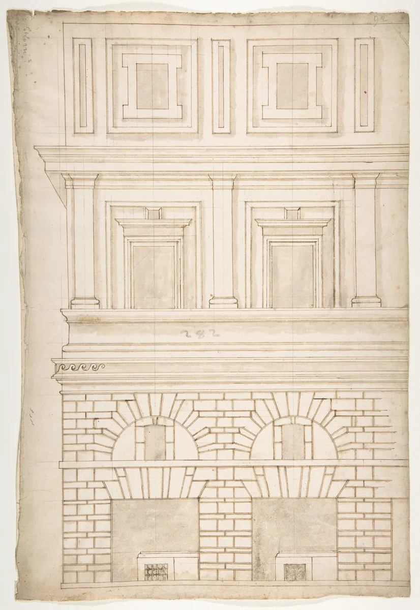 Palazzo Alberini-Cicciaporci, half elevation (recto) blank (verso) by anonymous, drawing, 1500-1560
