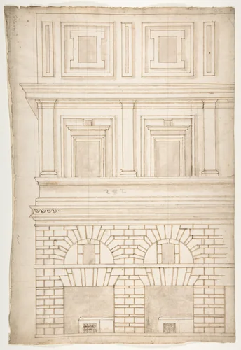 Palazzo Alberini-Cicciaporci, half elevation (recto) blank (verso) by anonymous, drawing, 1500-1560