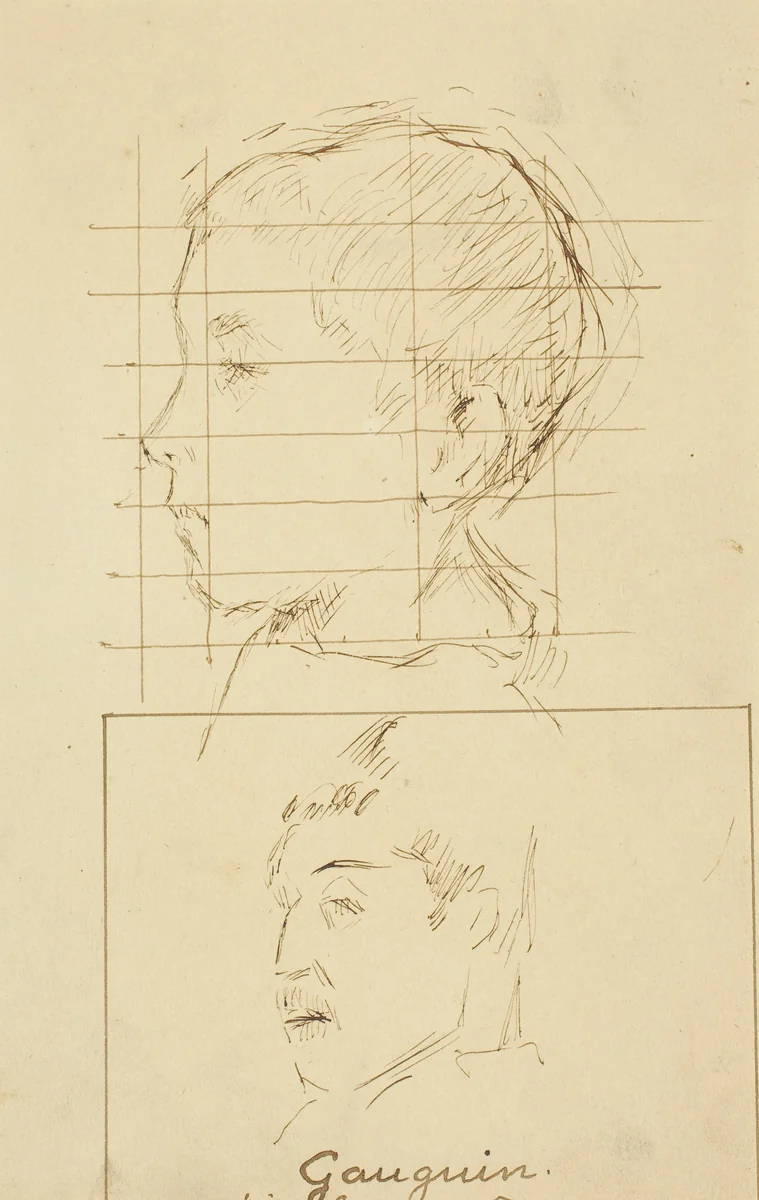 Heads of a Boy and a Man (Self-Portrait?) [verso] by Paul Gauguin, drawing, 1884-1888