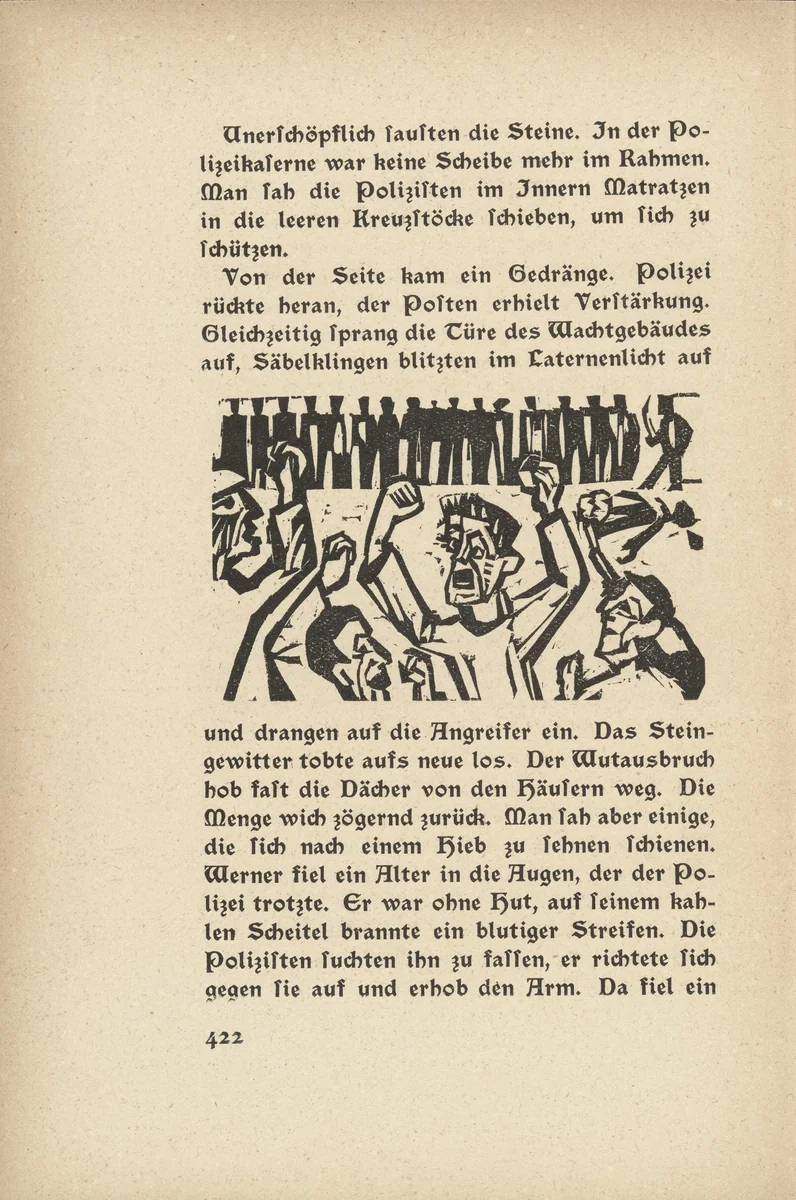 The Peace Apostle: The Riot (Der Friedensapostel: Aufruhr) (in-text plate, page 422) from Neben der Heerstrasse (Off the Main Road) by Ernst Ludwig Kirchner, illustrated book, 1923