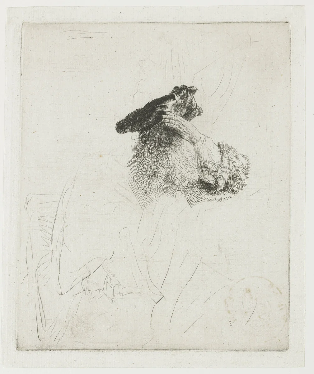 Old man shading his eyes with his hand by Rembrandt van Rijn, print, 1639