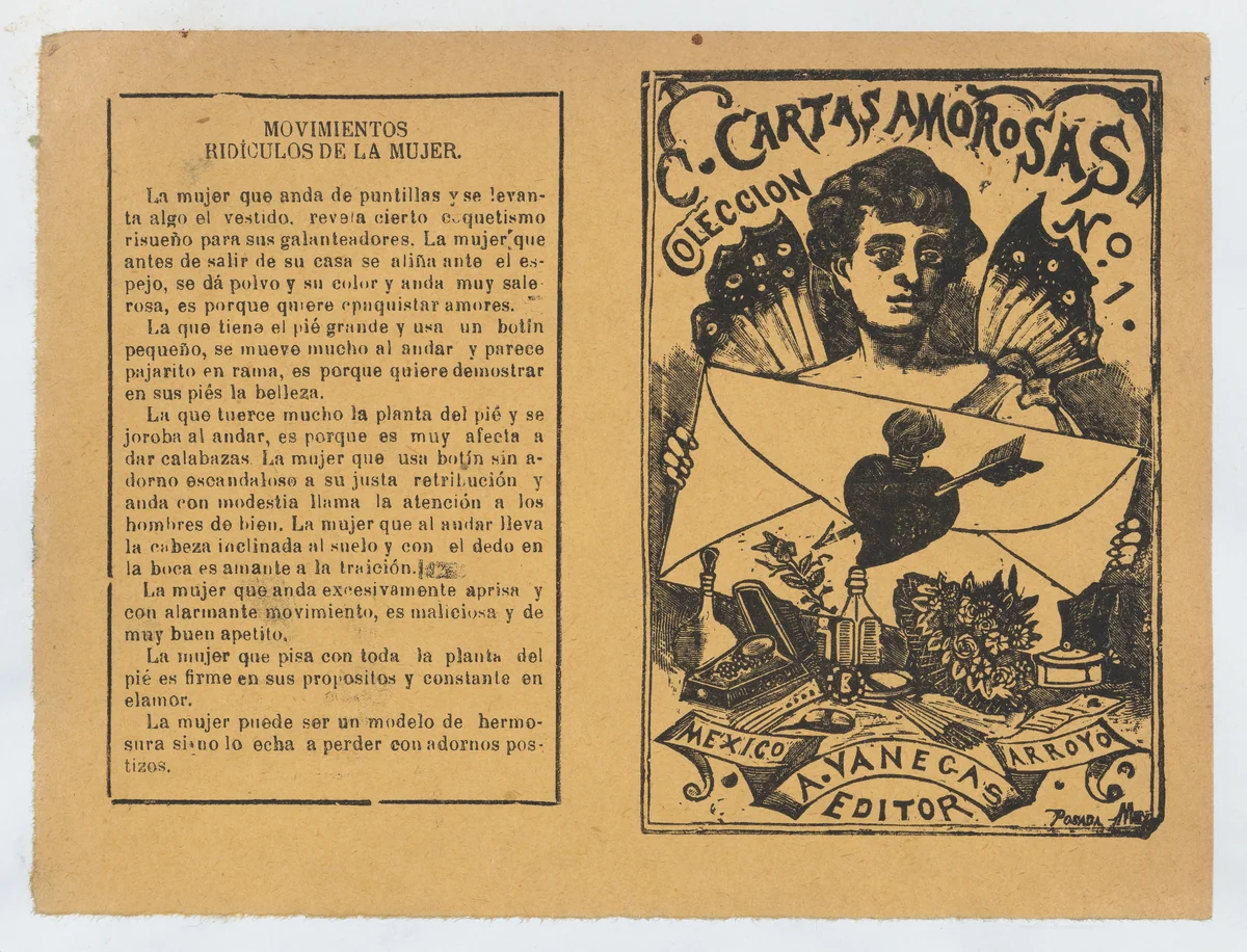 Front and back covers printed on the same sheet for a collection of love letters (number 1) by José Guadalupe Posada, print, 1895-1905