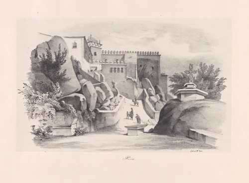 Close up view of the Castle of the Moors near Sintra by Clementine de Brelaz, print, 1840
