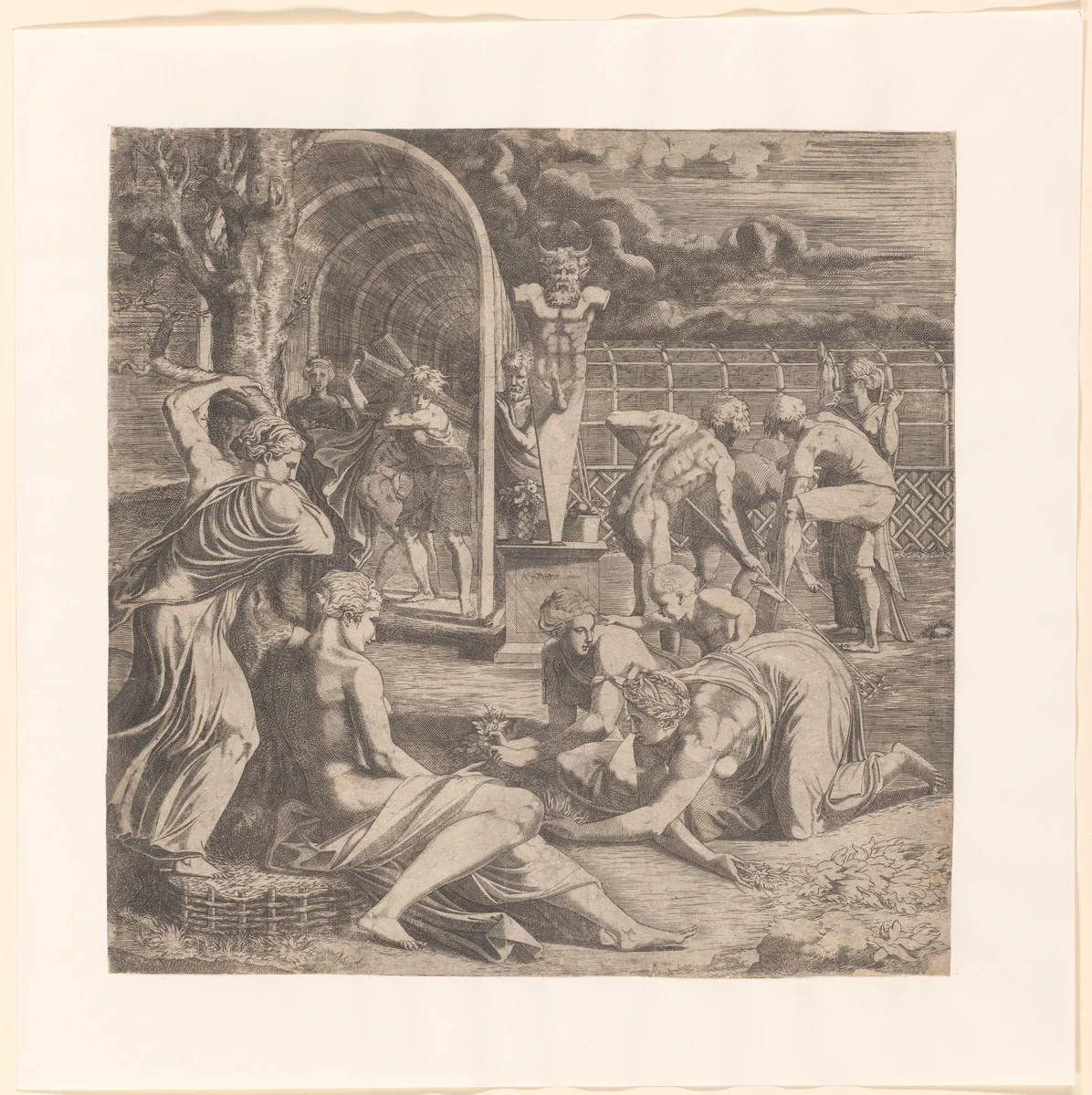 Figuren verzorgen een tuin met een beeld van Priapus by Léon Davent, print, 1540-1556