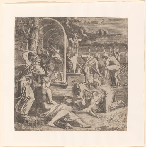Figuren verzorgen een tuin met een beeld van Priapus by Léon Davent, print, 1540-1556