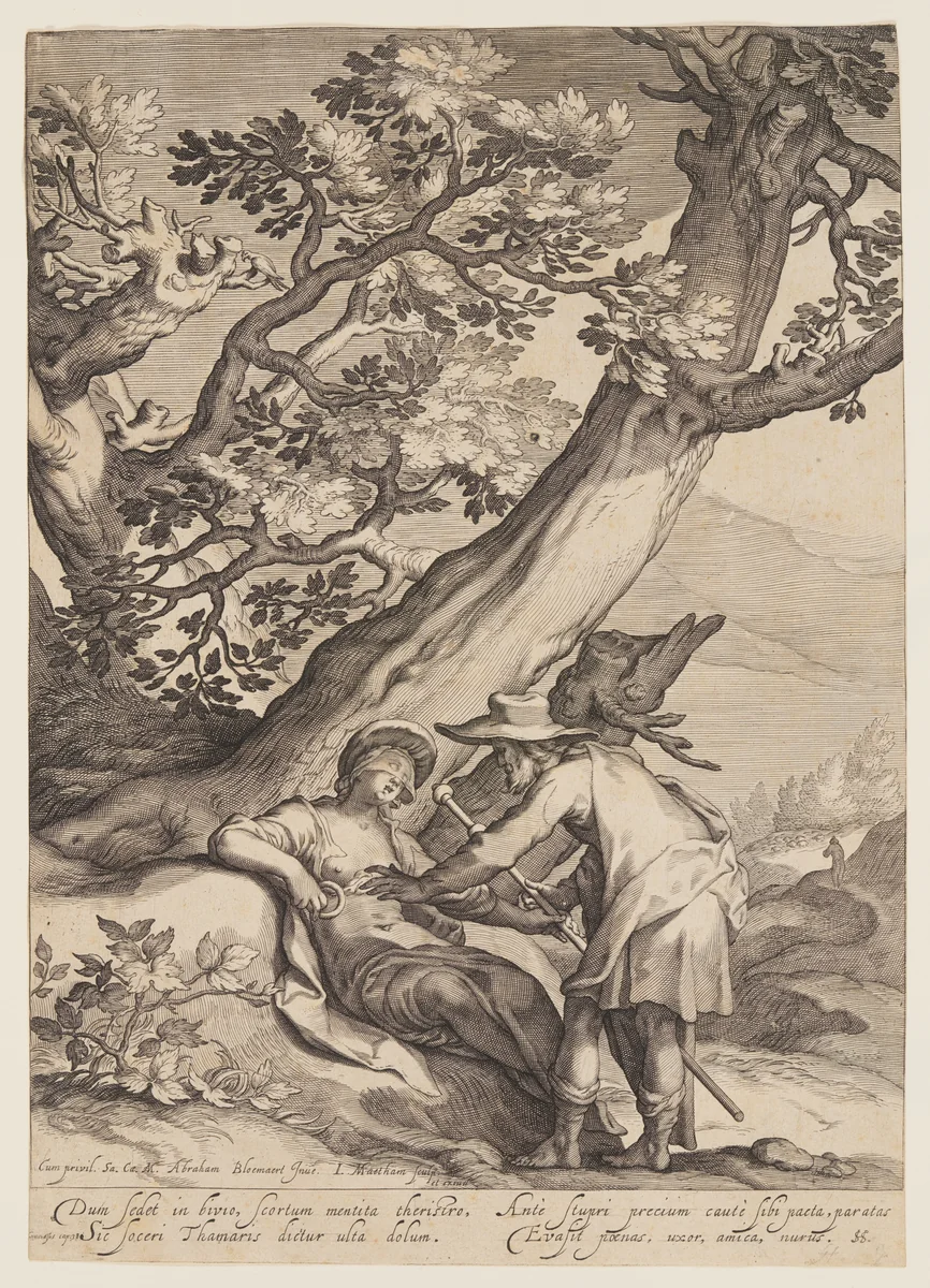 Tamar Receiving a Ring and Staff from Judah by Jacob Matham, print, 1599-1609
