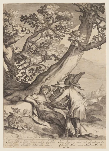 Tamar Receiving a Ring and Staff from Judah by Jacob Matham, print, 1599-1609