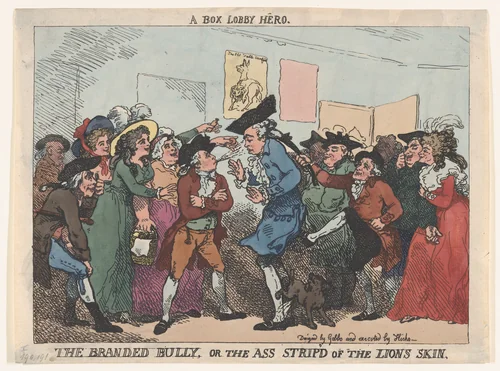 The Branded Bully, or the Ass Stripp'd of the Lion's Skin by Thomas Rowlandson, print, 1786