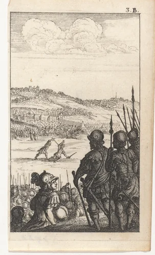 Twee vechtende mannen bij een legerkamp by Abraham Dircksz. Santvoort, print, 1667