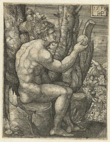 Adam zittend op boomstronk met appel in zijn hand by Unknown, print, 1519