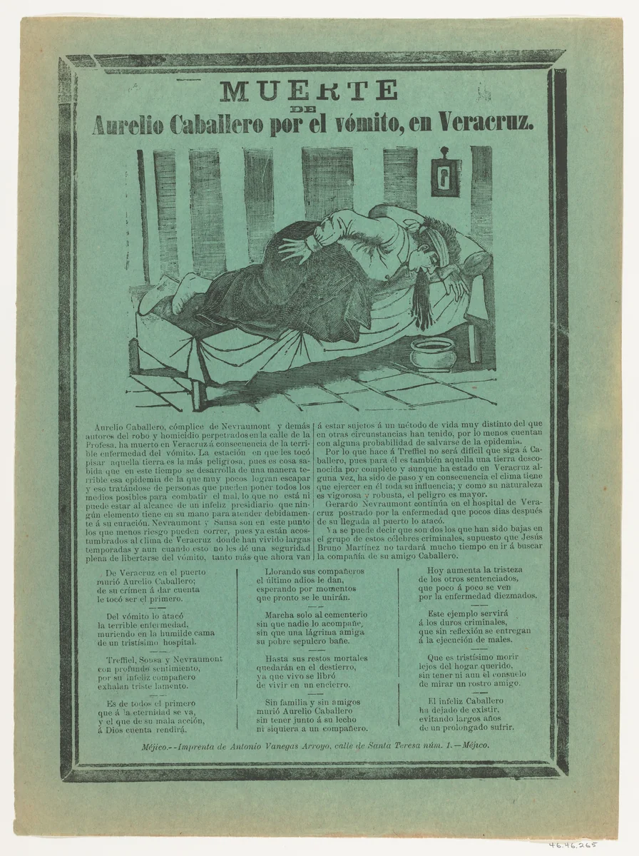 Broadside relating to Aurelio Cabellero who died from vomiting by José Guadalupe Posada, print, 1885-1895