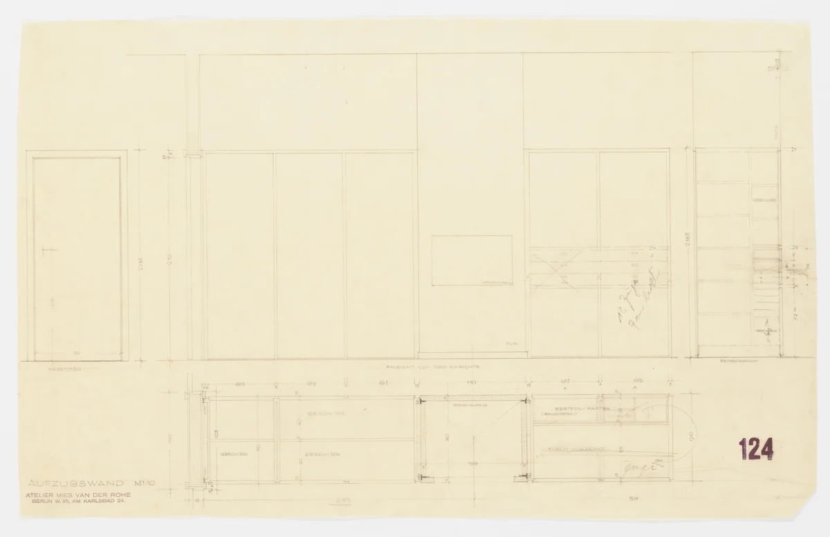 Tugendhat House, Brno, Czech Republic (Dumbwaiter wall. Elevation, vertical and horizontal sections) by Ludwig Mies van der Rohe, mies van der rohe archive, 1928
