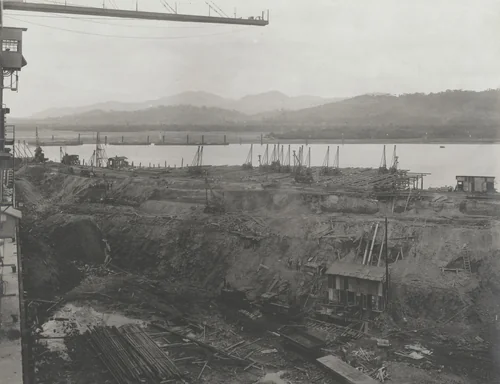 Balboa Terminals. Cofferdam in front of Dry Dock, showing drilling in progress by Unidentified Photographer, photograph, 1916