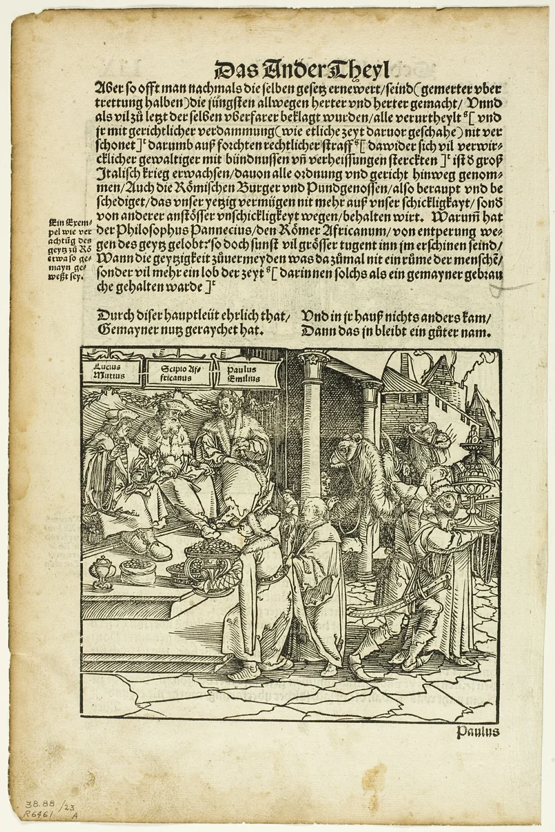 Lucius Mutius, Scipio Africanus, and Paulus Aemilius (recto) Battle Scene (verso) from Officia M.T.C., plate 23 from Woodcuts from Books of the XVI Century by Hans Weiditz, print, 1531