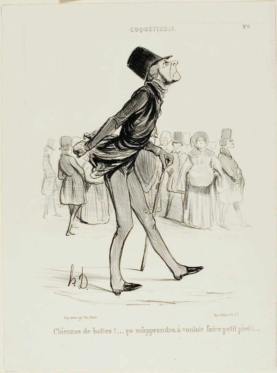 Damn Boots! That Will Teach Me to Take Smaller Steps...” plate 6 from Coquetterie by Honoré-Victorin Daumier, print, 1839