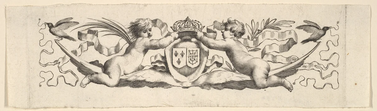 Headband: Two Infants with the Arms of France and Navarre by Claude Mellan, print, 1600-1688
