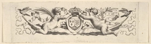 Headband: Two Infants with the Arms of France and Navarre by Claude Mellan, print, 1600-1688