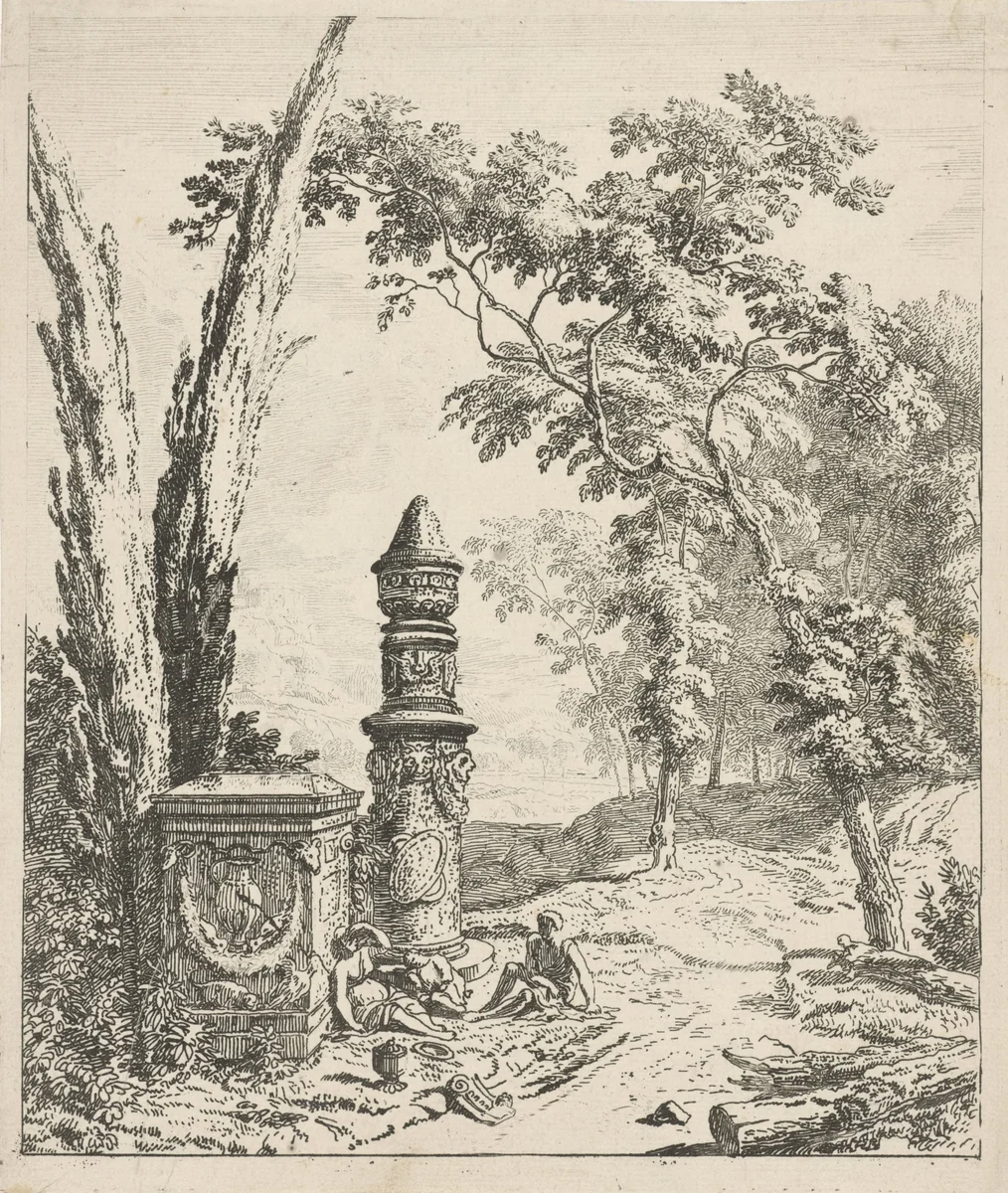 Landschap met rustende mensen bij een grafmonument by Albert Meyering, print, 1695-1714