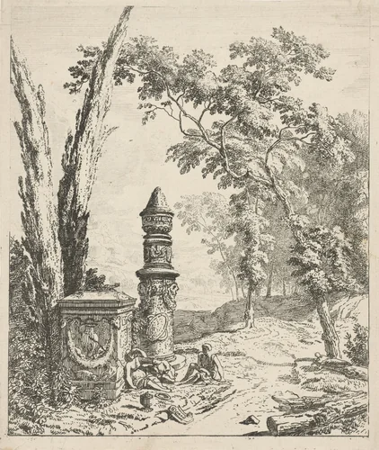 Landschap met rustende mensen bij een grafmonument by Albert Meyering, print, 1695-1714