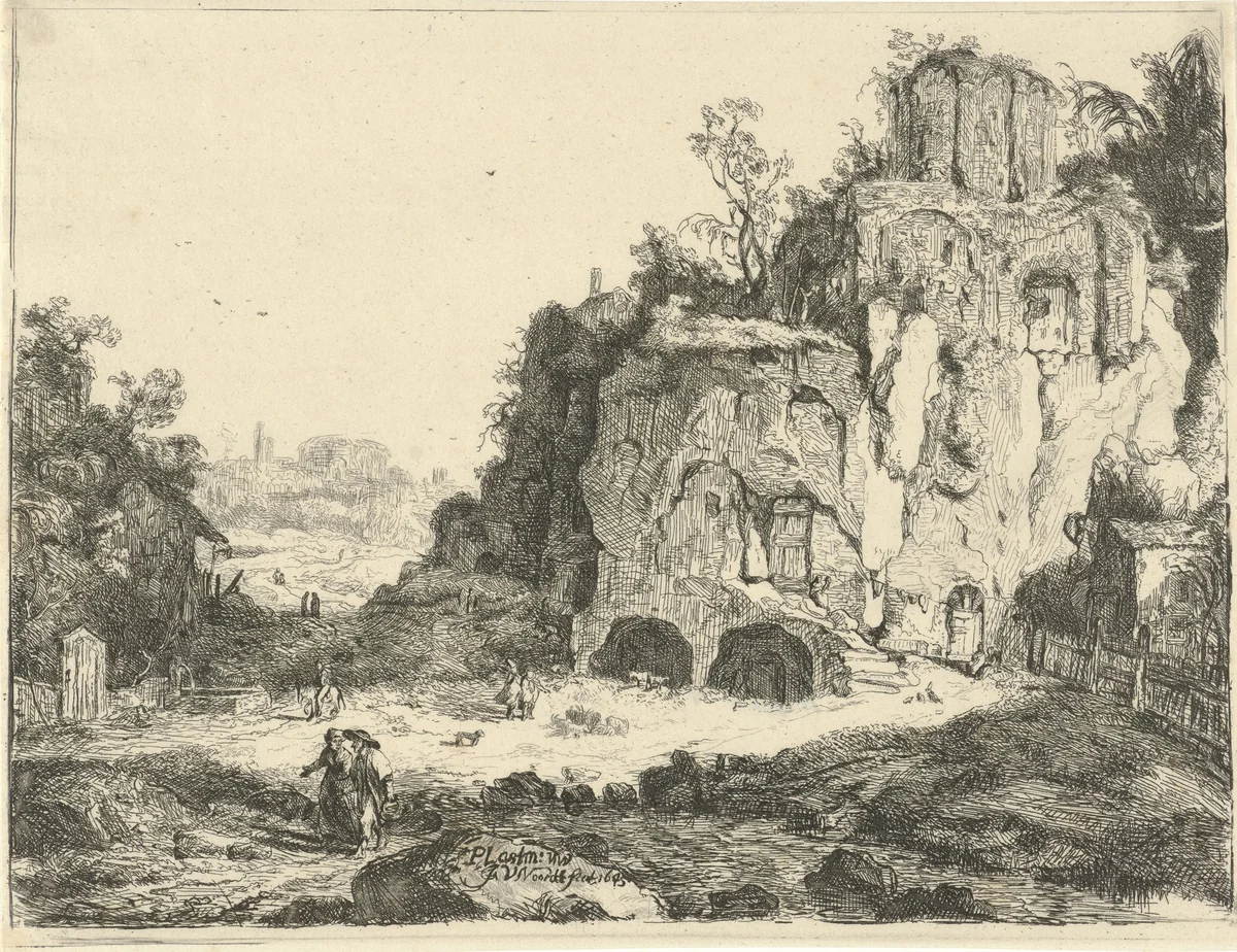 Landschap met de tempel van Vesta te Tivoli by William Young Ottley, print, 1828
